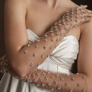 Anthropologie Sheer Embellished Gloves - Cream